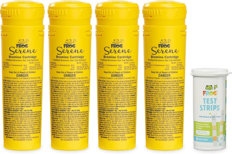 Frog Serene Replacement Bromine Cartridges for use with Hot Tub Serene Floating Sanitizing System with 50 Test Strips - Prefilled for Quick & Easy Hot Tub Maintenance - 4 Pack - Image 1